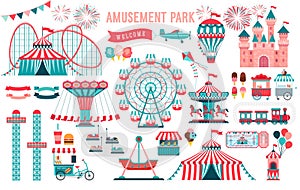 Amusement park, circus and fun fair theme set, with roller coasters, carousels, castle, air balloon.