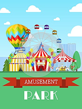 Amusement park and circus tent, ferris wheel flat vector illustration. Entertainment show, promotional invitation card.
