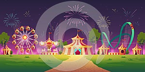 Amusement park with circus tent and fireworks