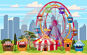 Amusement park, a cityscape with a circus, carousels, carnival, attraction and entertainment, ice cream stall, drinks