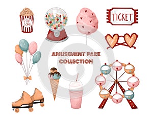 Amusement park collection. Ferris wheel, cotton candy, popcorn, ice cream and sweets, milkshake