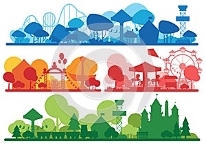 Amusement park colorful silhouette horizontal banner set.