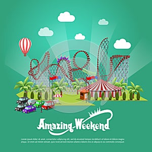 Amusement park concept with flat fairground elements on background.