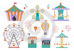 Amusement park. different funny attractions for kids ride wheel circus tent carousel. vector playground elements