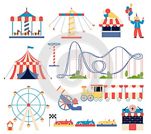 Amusement park elements. Carnival attractions, kids roller coaster and carousel. Ride cars, ferris wheel and swing