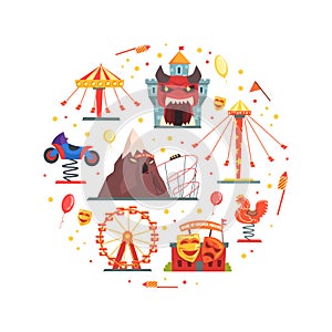 Amusement Park Elements of Circular Shape, Festive Park Attractions Vector Illustration