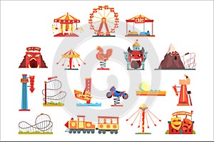 Amusement park elements set, funfair attraction colorful cartoon vector Illustrations