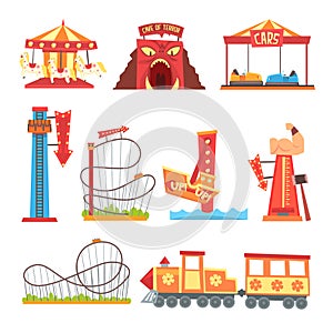 Amusement park elements set, funfair attraction colorful cartoon vector Illustrations