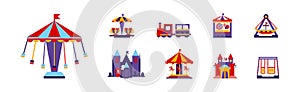 Amusement Park Fairy Attractions and Entertainment Vector Set