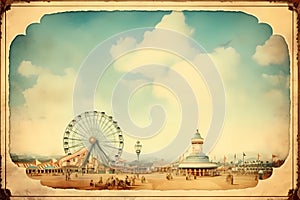 Amusement park with ferris wheel and cloudy sky. Postcard in old image style