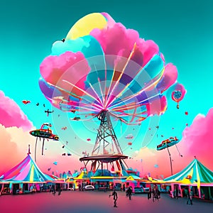 Amusement park with ferris wheel, sky and clouds. 3d rendering Generative AI