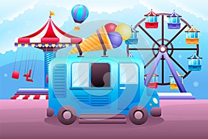 Amusement park flat cartoon composition