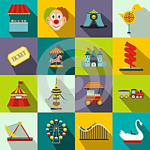 Amusement park flat icons set photo