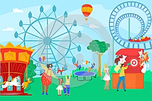 Amusement park with fun clown, vector illustration. Carnival and circus at festival, entertainment with carousel