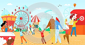 Amusement park with fun flat carousel vector illustration. Vacation entertainment, fair wheel at carnival festival for