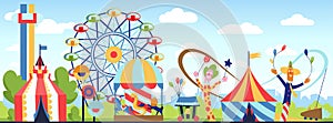Amusement park. Fun park vector theme, kids carnival entertainments daytime, children amusing attractions cartoon