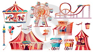 Amusement park icons set circus carousel food cart