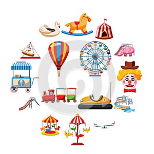 Amusement park icons set, flat style