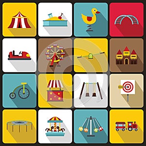 Amusement park icons set, flat style