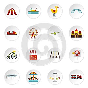 Amusement park icons set, flat style