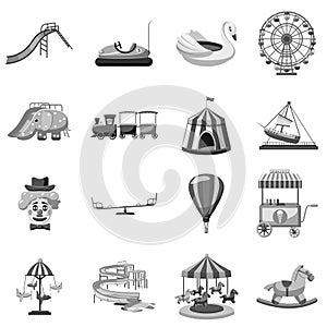 Amusement park icons set, gray monochrome style