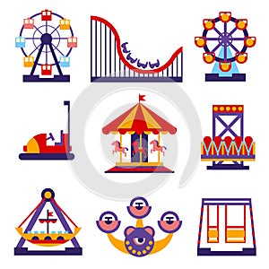 Amusement Park Icons Set of Vector Flat Design