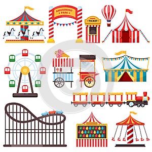 Amusement park isolated icons. Vector flat illustration of circus tent, carousel, ferris wheel. Carnival design elements