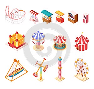 Amusement Park Isometric Cartoon Icons Set