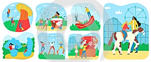 Amusement park for kids fun and recreation with attractions set of vector illustrations. Children ride on carousels