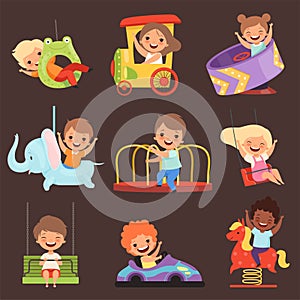 Amusement park kids. Playing happy and funny childrens boys and girls in attractions ride friends vector cartoon people