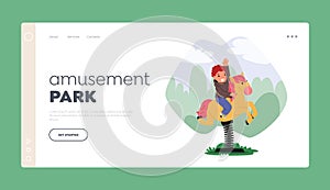 Amusement Park Landing Page Template. Little Boy Riding Attraction Horse. Recreation, Fun Fair Weekend Activity Concept