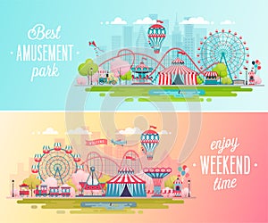 Amusement park landscape banners with carousels, roller coaster and air balloon.