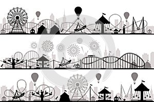 Amusement park landscape. Carnival roller coasters silhouettes, festive carousel and ferris wheel parks vector