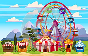 Amusement park, a landscape with a circus, carousels, carnival, attraction and entertainment, ice cream stall, drinks