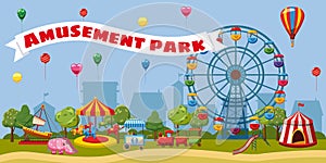 Amusement park landscape concept, cartoon style