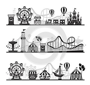 Amusement park landscape silhouette, carnival fairground rides. Roller coaster, carousel, horizontal funfair attraction