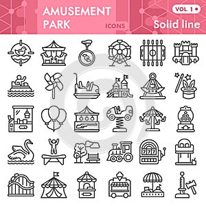 Amusement park line icon set, children entertainment symbols collection or sketches. Playground linear style signs for