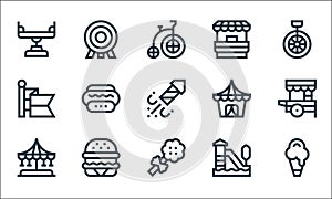 Amusement park line icons. linear set. quality vector line set such as ice cream, cotton candy, carousel, rollercoaster, hamburger