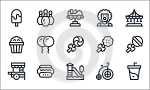 amusement park line icons. linear set. quality vector line set such as soda, rollercoaster, food cart, bycicle, hot dog, popcorn,