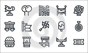 amusement park line icons. linear set. quality vector line set such as ticket, food cart, hamburger, balancer, ticket office, cage