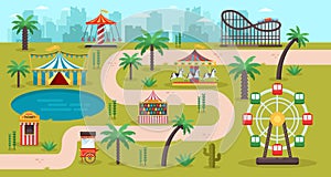 Amusement park map concept. Fun carousels, circus, ferris wheel, fair in family park, vector illustration.