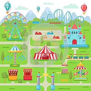 Amusement park map. Family entertainment festival attractions carousel, roller coaster and ferris wheel vector