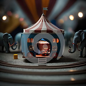 Amusement park with a miniature circus. Selective focus.