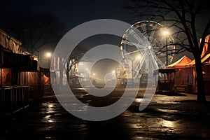 Amusement park at night with ferris wheel in the fog, An eerie scene of a deserted carnival at midnigh, AI Generated