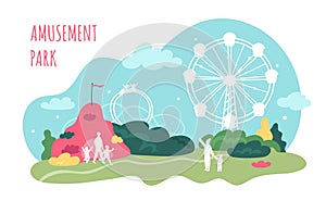 Amusement park panorama. Roller coaster. Ferris wheel and happy visitors composition. City dizzying attractions