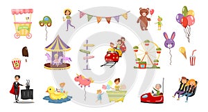 Amusement Park with People Riding Roller Coaster, Magician Showing Trick, Driving Car and Buying Candy Floss Vector Big