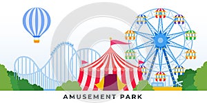 Amusement park with rides and carousels. Vector flat illustrations.