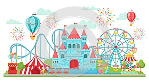 Amusement park. Roller coaster, festival carousel and ferris wheel attractions isolated vector illustration