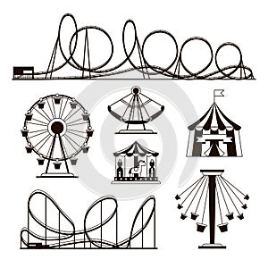 Amusement park, roller coasters and carousel vector icons