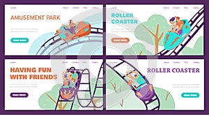 Amusement park with roller coasters. Set of web template designs with people on roller coaster. Vector illustration.